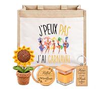 Planetee Coffret Sac Jute J'peux pas J'ai Carnaval | Cabas 21 L, Bougie Cire d'Abeille, Miroir de Poche, Porte-Clés, Fleur en Crochet | 5 Pièces | Cadeau Femme Passionné Humour Original Anniversaire