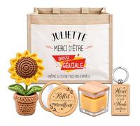 Planetee Coffret Sac Jute Juliette | Cabas 21 L, Bougie Cire d'Abeille, Miroir de Poche, Porte-Clés, Fleur en Crochet | 5 Pièces | Cadeau Femme Anniversaire Fête Noël Original