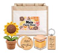 Planetee Coffret Sac Jute Maïa | Cabas 21 L, Bougie Cire d'Abeille, Miroir de Poche, Porte-Clés, Fleur en Crochet | 5 Pièces | Cadeau Femme Anniversaire Fête Noël Original
