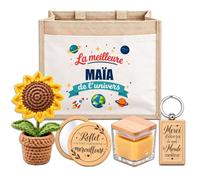Planetee Coffret Sac Jute Maïa | Cabas 21 L, Bougie Cire d'Abeille, Miroir de Poche, Porte-Clés, Fleur en Crochet | 5 Pièces | Cadeau Femme Anniversaire Fête Noël Original