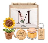 Planetee Coffret Sac Jute Maïa | Cabas 21 L, Bougie Cire d'Abeille, Miroir de Poche, Porte-Clés, Fleur en Crochet | 5 Pièces | Cadeau Femme Anniversaire Fête Noël Original