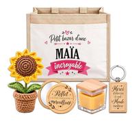 Planetee Coffret Sac Jute Maïa | Cabas 21 L, Bougie Cire d'Abeille, Miroir de Poche, Porte-Clés, Fleur en Crochet | 5 Pièces | Cadeau Femme Anniversaire Fête Noël Original