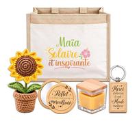 Planetee Coffret Sac Jute Maïa | Cabas 21 L, Bougie Cire d'Abeille, Miroir de Poche, Porte-Clés, Fleur en Crochet | 5 Pièces | Cadeau Femme Anniversaire Fête Noël Original