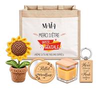 Planetee Coffret Sac Jute Maïa | Cabas 21 L, Bougie Cire d'Abeille, Miroir de Poche, Porte-Clés, Fleur en Crochet | 5 Pièces | Cadeau Femme Anniversaire Fête Noël Original
