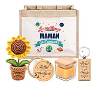 Planetee Coffret Sac Jute Maman | Sac Cabas Jute 21 L, Bougie Cire d'Abeille, Miroir de Poche, Porte-Clés, Fleur en Crochet | 5 Pièces | Cadeau Anniversaire Noël