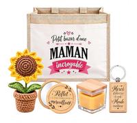 Planetee Coffret Sac Jute Maman | Sac Cabas Jute 21 L, Bougie Cire d'Abeille, Miroir de Poche, Porte-Clés, Fleur en Crochet | 5 Pièces | Cadeau Anniversaire Noël