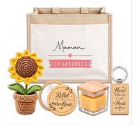 Planetee Coffret Sac Jute Maman | Sac Cabas Jute 21 L, Bougie Cire d'Abeille, Miroir de Poche, Porte-Clés, Fleur en Crochet | 5 Pièces | Cadeau Anniversaire Noël