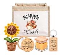 Planetee Coffret Sac Jute Maman | Sac Cabas Jute 21 L, Bougie Cire d'Abeille, Miroir de Poche, Porte-Clés, Fleur en Crochet | 5 Pièces | Cadeau Anniversaire Noël