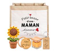 Planetee Coffret Sac Jute Maman | Sac Cabas Jute 21 L, Bougie Cire d'Abeille, Miroir de Poche, Porte-Clés, Fleur en Crochet | 5 Pièces | Cadeau Anniversaire Noël