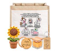 Planetee Coffret Sac Jute Maman | Sac Cabas Jute 21 L, Bougie Cire d'Abeille, Miroir de Poche, Porte-Clés, Fleur en Crochet | 5 Pièces | Cadeau Anniversaire Noël