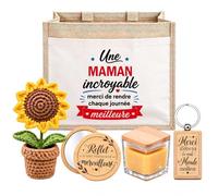 Planetee Coffret Sac Jute Maman | Sac Cabas Jute 21 L, Bougie Cire d'Abeille, Miroir de Poche, Porte-Clés, Fleur en Crochet | 5 Pièces | Cadeau Anniversaire Noël