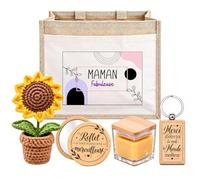 Planetee Coffret Sac Jute Maman | Sac Cabas Jute 21 L, Bougie Cire d'Abeille, Miroir de Poche, Porte-Clés, Fleur en Crochet | 5 Pièces | Cadeau Anniversaire Noël