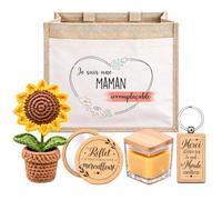 Planetee Coffret Sac Jute Maman | Sac Cabas Jute 21 L, Bougie Cire d'Abeille, Miroir de Poche, Porte-Clés, Fleur en Crochet | 5 Pièces | Cadeau Anniversaire Noël