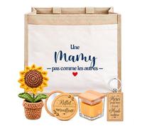 Planetee Coffret Sac Jute Mamy | Sac Cabas Jute 21 L, Bougie Cire d'Abeille, Miroir de Poche, Porte-Clés, Fleur en Crochet | 5 Pièces | Cadeau Fête des Grands-Mères Fête des Mères Anniversaire Noël