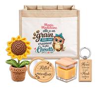 Planetee Coffret Sac Jute Marie-Madeleine | Cabas 21 L, Bougie Cire d'Abeille, Miroir de Poche, Porte-Clés, Fleur en Crochet | 5 Pièces | Cadeau Femme Anniversaire Fête Noël Original