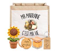 Planetee Coffret Sac Jute Marraine | Sac Cabas Jute 21 L, Bougie Cire d'Abeille, Miroir de Poche, Porte-Clés, Fleur en Crochet | 5 Pièces | Cadeau Baptême Anniversaire Noël