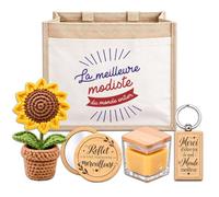Planetee Coffret Sac Jute Meilleure Modiste du Monde | Cabas 21 L, Bougie Cire d'Abeille, Miroir de Poche, Porte-Clés, Fleur en Crochet | 5 Pièces | Cadeau Collègue Femme Départ Retraite Remerciement