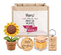 Planetee Coffret Sac Jute Prof de Pilates | Cabas 21 L, Bougie Cire d'Abeille, Miroir de Poche, Porte-Clés, Fleur en Crochet | 5 Pièces | Cadeau Fin d'Année École Remerciement