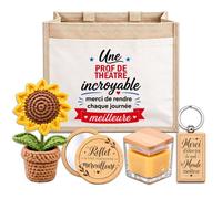 Planetee Coffret Sac Jute Prof de Théâtre | Cabas 21 L, Bougie Cire d'Abeille, Miroir de Poche, Porte-Clés, Fleur en Crochet | 5 Pièces | Cadeau Fin d'Année École Remerciement