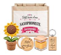 Planetee Coffret Sac Jute Saxophoniste | Cabas 21 L, Bougie Cire d'Abeille, Miroir de Poche, Porte-Clés, Fleur en Crochet | 5 Pièces | Cadeau Collègue Femme Départ Retraite Remerciement