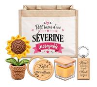 Planetee Coffret Sac Jute Séverine | Cabas 21 L, Bougie Cire d'Abeille, Miroir de Poche, Porte-Clés, Fleur en Crochet | 5 Pièces | Cadeau Femme Anniversaire Fête Noël Original