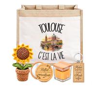 Planetee Coffret Sac Jute Toulouse c'est la Vie | Cabas 21 L, Bougie Cire d'Abeille, Miroir de Poche, Porte-Clés, Fleur en Crochet | 5 Pièces | Cadeau Femme Passionné Humour Original Anniversaire
