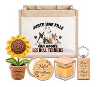 Planetee Coffret Sac Jute Une Fille qui Adore les Bull Terriers | Cabas 21 L, Bougie Cire d'Abeille, Miroir de Poche, Porte-Clés, Fleur en Crochet | 5 Pièces | Cadeau Femme Passionné Humour Original