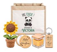 Planetee Coffret Sac Jute Victoria | Cabas 21 L, Bougie Cire d'Abeille, Miroir de Poche, Porte-Clés, Fleur en Crochet | 5 Pièces | Cadeau Noël Femme Anniversaire Fête Original