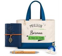 Planetee Coffret Sac Shopping Barman | Cabas Coton 27 L, Carnet Similicuir, Stylo Bambou, Porte-Clés, Trombone | 5 Pièces | Cadeau Collègue Homme Départ Retraite Remerciement