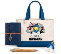 Planetee Coffret Sac Shopping Barman | Cabas Coton 27 L, Carnet Similicuir, Stylo Bambou, Porte-Clés, Trombone | 5 Pièces | Cadeau Collègue Homme Départ Retraite Remerciement