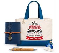 Planetee Coffret Sac Shopping Gardienne D'immeuble | Cabas Coton 27 L, Carnet Similicuir, Stylo Bambou, Porte-Clés, Trombone | 5 Pièces | Cadeau Collègue Femme Départ Retraite Remerciement