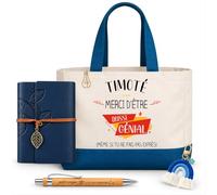 Planetee Coffret Sac Shopping Timoté | Cabas Coton 27 L, Carnet Similicuir, Stylo Bambou, Porte-Clés, Trombone | 5 Pièces | Cadeau Homme Anniversaire Fête Noël Original