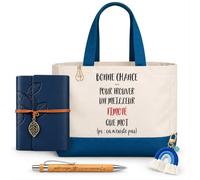 Planetee Coffret Sac Shopping Timoté | Cabas Coton 27 L, Carnet Similicuir, Stylo Bambou, Porte-Clés, Trombone | 5 Pièces | Cadeau Homme Anniversaire Fête Noël Original