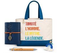 Planetee Coffret Sac Shopping Timoté | Cabas Coton 27 L, Carnet Similicuir, Stylo Bambou, Porte-Clés, Trombone | 5 Pièces | Cadeau Homme Anniversaire Fête Noël Original