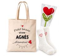 Planetee Coffret Tote Bag Agnès | Tote Bag Coton, Chaussettes Douces Cœur, Fleur Cœur en Crochet | 3 Pièces | Cadeau Femme Anniversaire Fête Noël Original