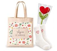 Planetee Coffret Tote Bag Agnès | Tote Bag Coton, Chaussettes Douces Cœur, Fleur Cœur en Crochet | 3 Pièces | Cadeau Femme Anniversaire Fête Noël Original