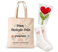 Planetee Coffret Tote Bag Analyste Data | Tote Bag Coton, Chaussettes Douces Cœur, Fleur Cœur en Crochet | 3 Pièces | Cadeau Noël Collègue Femme Départ Retraite Remerciement