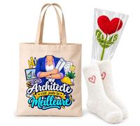 Planetee Coffret Tote Bag Architecte | Tote Bag Coton, Chaussettes Douces Cœur, Fleur Cœur en Crochet | 3 Pièces | Cadeau Noël Collègue Femme Départ Retraite Remerciement