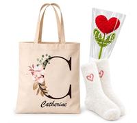 Planetee Coffret Tote Bag Catherine | Tote Bag Coton, Chaussettes Douces Cœur, Fleur Cœur en Crochet | 3 Pièces | Cadeau Noël Femme Anniversaire Fête Original