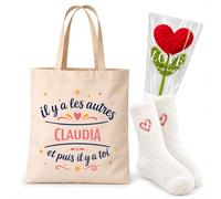 Planetee Coffret Tote Bag Claudia | Tote Bag Coton, Chaussettes Douces Cœur, Fleur Cœur en Crochet | 3 Pièces | Cadeau Femme Anniversaire Fête Noël Original