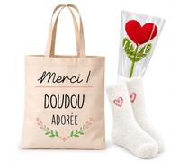 Planetee Coffret Tote Bag Doudou | Tote Bag Coton, Chaussettes Douces Cœur, Fleur Cœur en Crochet | 3 Pièces | Cadeau Noël Femme Saint-Valentin Anniversaire Couple