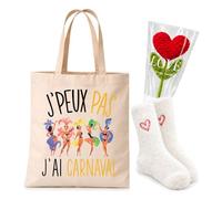 Planetee Coffret Tote Bag J'peux pas J'ai Carnaval | Tote Bag Coton, Chaussettes Douces Cœur, Fleur Cœur en Crochet | 3 Pièces | Cadeau Femme Passionné Humour Original Anniversaire