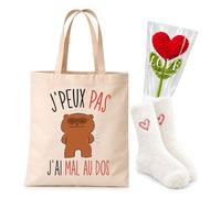 Planetee Coffret Tote Bag J'peux pas J'ai Mal de Dos | Tote Bag Coton, Chaussettes Douces Cœur, Fleur Cœur en Crochet | 3 Pièces | Cadeau Noël Femme Passionnée Humour Original Anniversaire