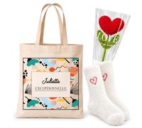 Planetee Coffret Tote Bag Juliette | Tote Bag Coton, Chaussettes Douces Cœur, Fleur Cœur en Crochet | 3 Pièces | Cadeau Femme Anniversaire Fête Noël Original