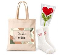 Planetee Coffret Tote Bag Juliette | Tote Bag Coton, Chaussettes Douces Cœur, Fleur Cœur en Crochet | 3 Pièces | Cadeau Femme Anniversaire Fête Noël Original