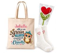 Planetee Coffret Tote Bag Juliette | Tote Bag Coton, Chaussettes Douces Cœur, Fleur Cœur en Crochet | 3 Pièces | Cadeau Femme Anniversaire Fête Noël Original