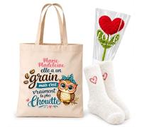 Planetee Coffret Tote Bag Marie-Madeleine | Tote Bag Coton, Chaussettes Douces Cœur, Fleur Cœur en Crochet | 3 Pièces | Cadeau Femme Anniversaire Fête Noël Original