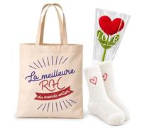 Planetee Coffret Tote Bag Meilleure RH du Monde | Tote Bag Coton, Chaussettes Douces Cœur, Fleur Cœur en Crochet | 3 Pièces | Cadeau Noël Collègue Femme Départ Retraite Remerciement