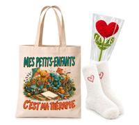 Planetee Coffret Tote Bag Mes Petits Enfants Ma Thérapie | Tote Bag Coton, Chaussettes Douces Cœur, Fleur Cœur en Crochet | 3 Pièces | Cadeau Femme Passionné Humour Original Anniversaire