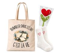 Planetee Coffret Tote Bag Métier C'est la Vie | Tote Bag Coton, Chaussettes Douces Cœur, Fleur Cœur en Crochet | 3 Pièces | Cadeau Femme Collègue Départ Retraite Remerciement